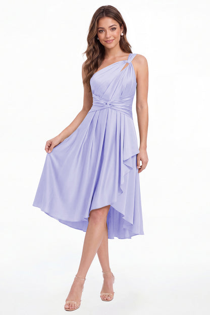 Lavender One Shoulder Satin Ruched Midi Dress - Front View