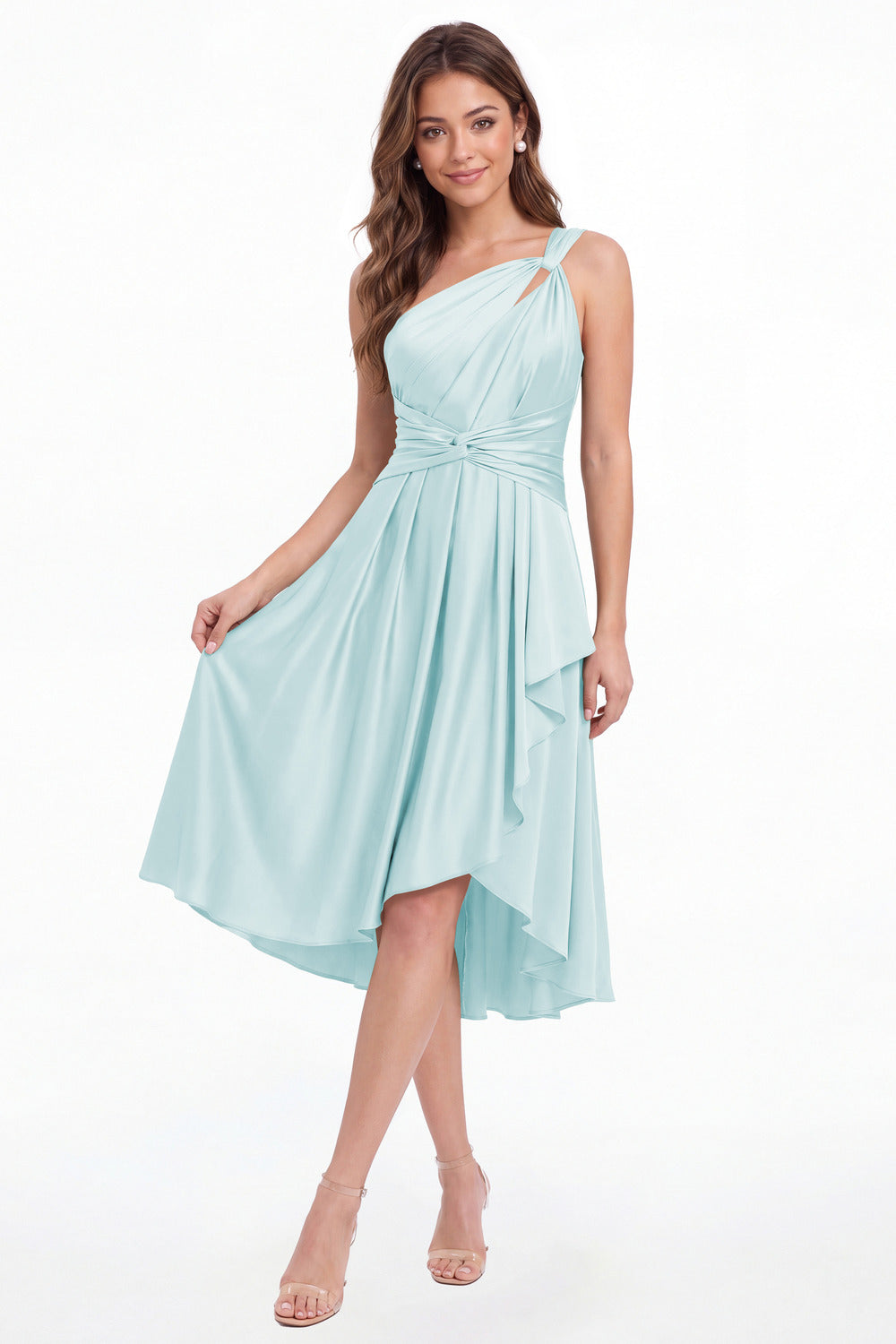Light Blue One Shoulder Satin Ruched Midi Dress - Front View