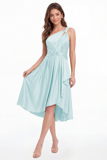 Light Blue One Shoulder Satin Ruched Midi Dress - Front View