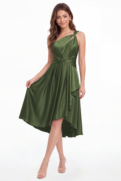 Moss Green One Shoulder Satin Ruched Midi Dress - Front View