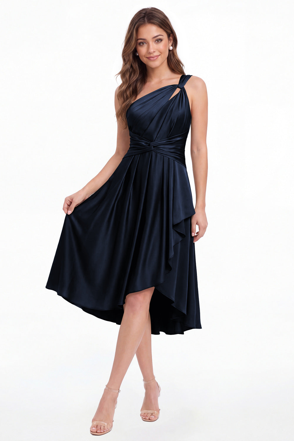 Navy Blue One Shoulder Satin Ruched Midi Dress - Front View