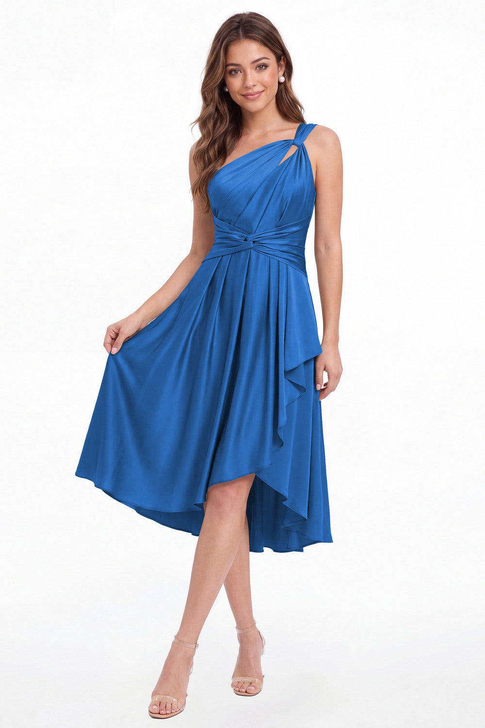 Ocean Blue One Shoulder Satin Ruched Midi Dress - Front View