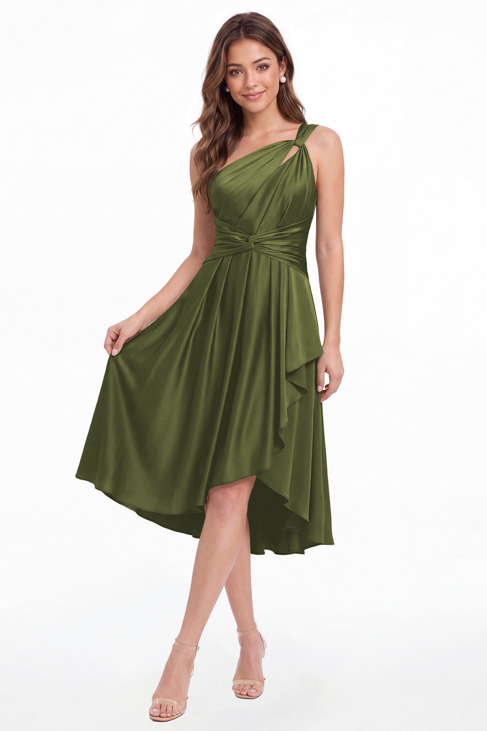 Olive Green One Shoulder Satin Ruched Midi Dress - Front View