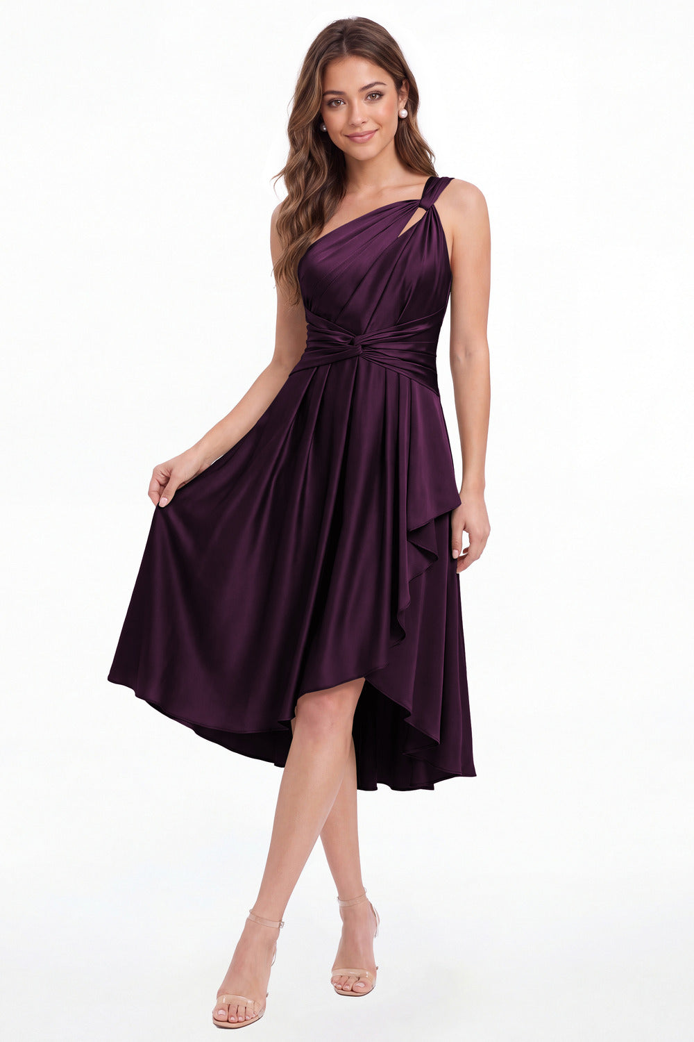 Plum One Shoulder Satin Ruched Midi Dress - Front View
