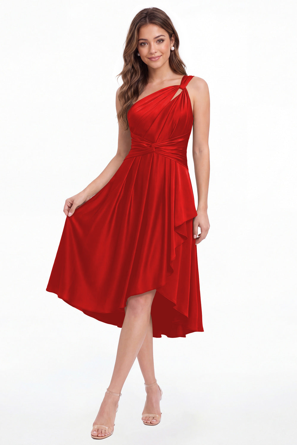 Red One Shoulder Satin Ruched Midi Dress - Front View