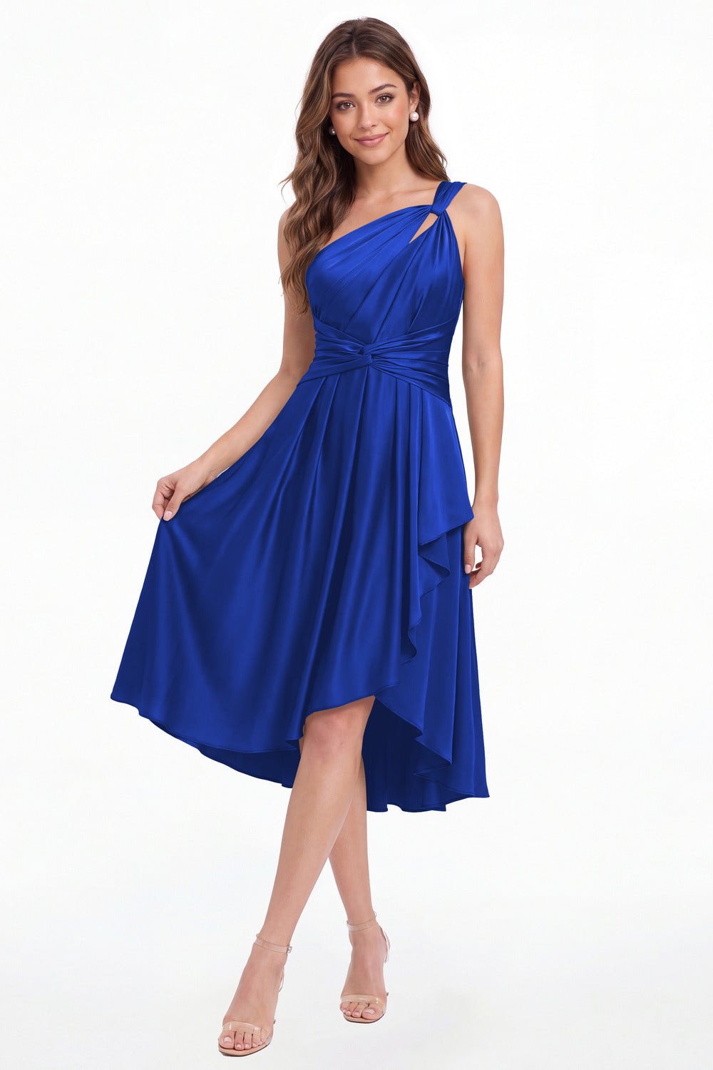 Royal Blue One Shoulder Satin Ruched Midi Dress - Front View