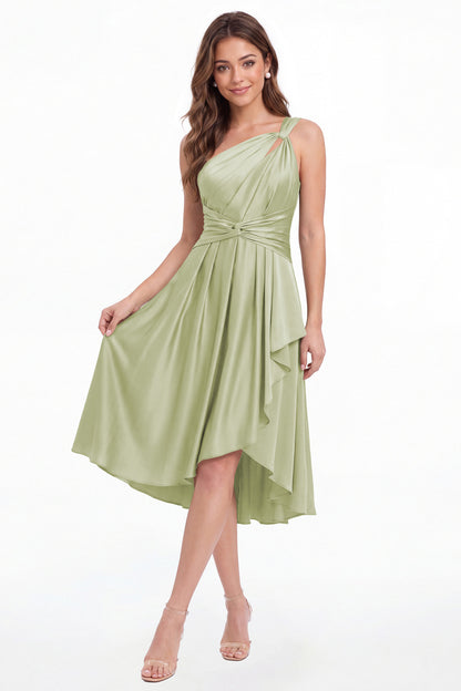 Sage Green One Shoulder Satin Ruched Midi Dress - Front View