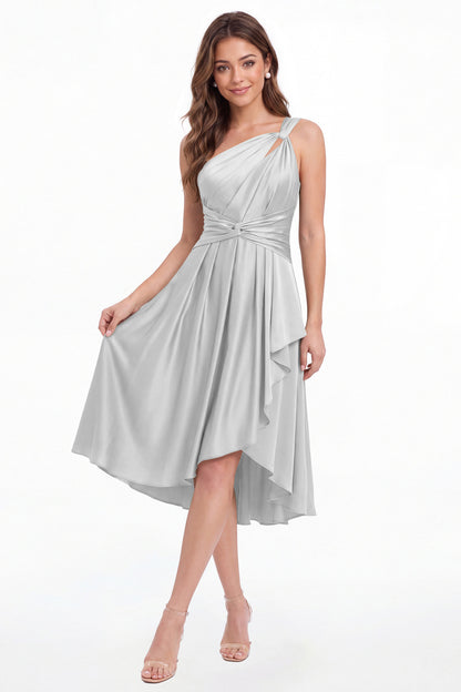 Silver One Shoulder Satin Ruched Midi Dress - Front View