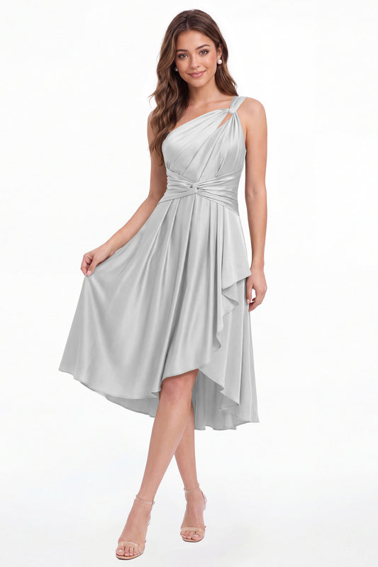 Silver One Shoulder Satin Ruched Midi Dress - Front View