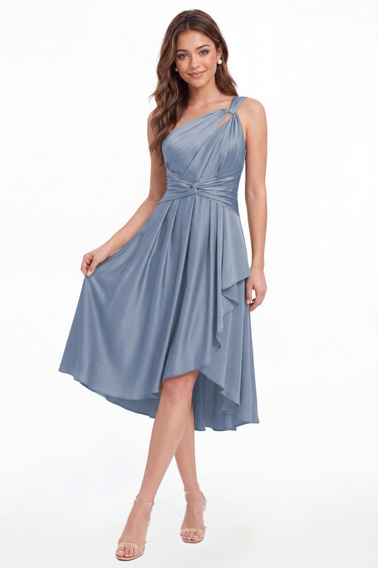 Steel Blue One Shoulder Satin Ruched Midi Dress - Front View