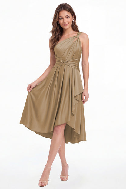 Taupe One Shoulder Satin Ruched Midi Dress - Front View