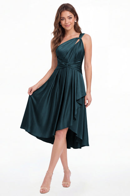 Teal One Shoulder Satin Ruched Midi Dress - Front View