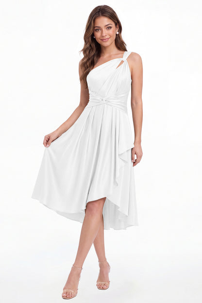 White One Shoulder Satin Ruched Midi Dress - Front View