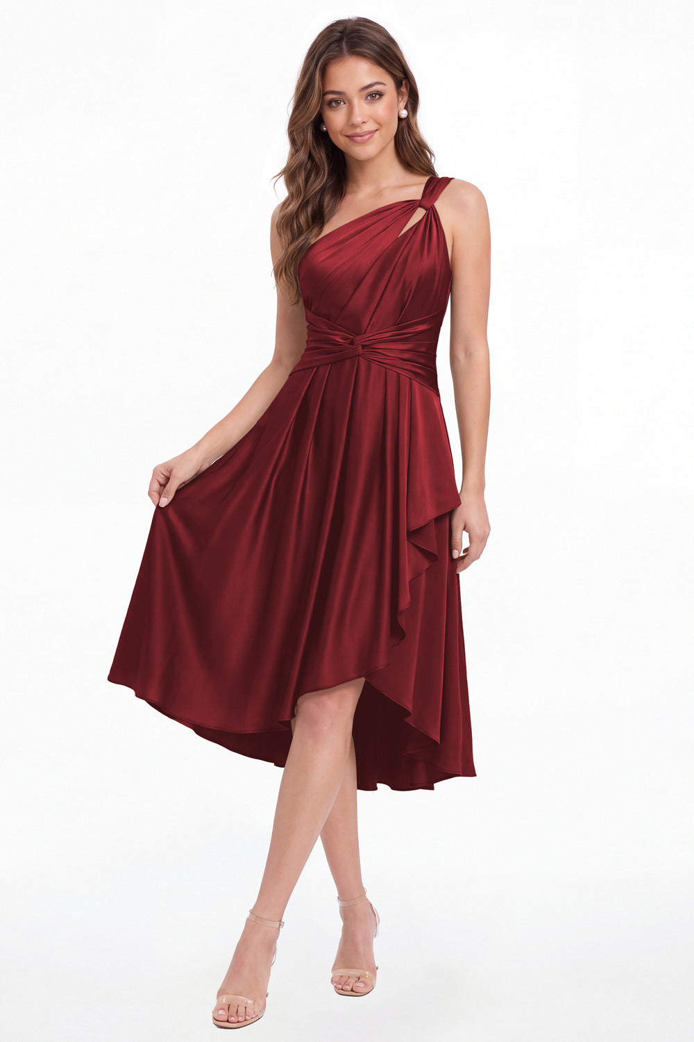 Wine Red One Shoulder Satin Ruched Midi Dress - Front View
