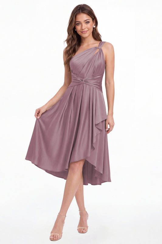 Wisteria One Shoulder Satin Ruched Midi Dress - Front View