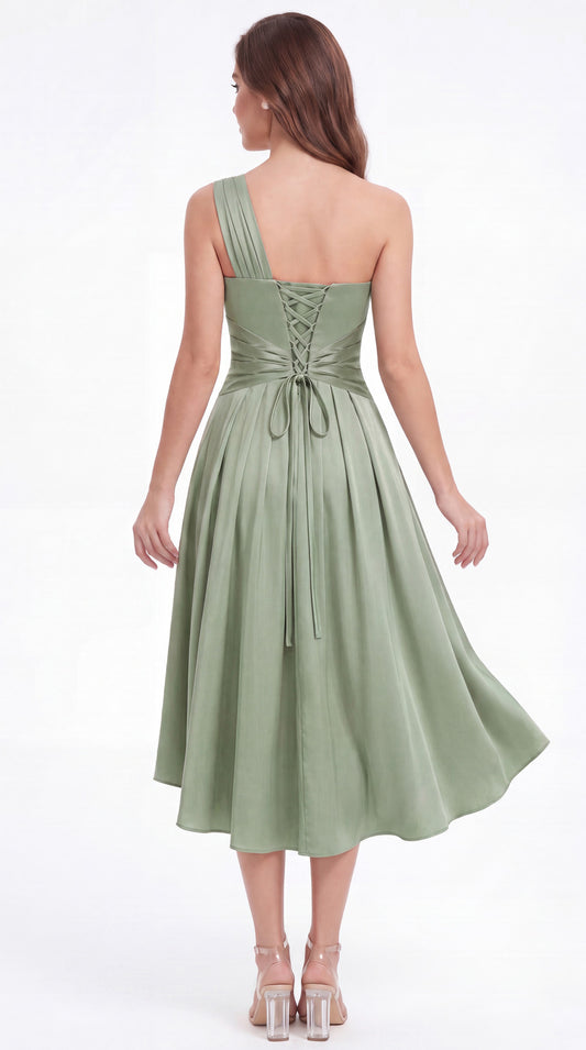 One Shoulder Satin Ruched Midi Dress - Back View