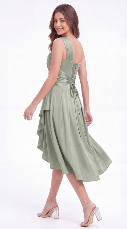 One Shoulder Satin Ruched Midi Dress - Detail View 1