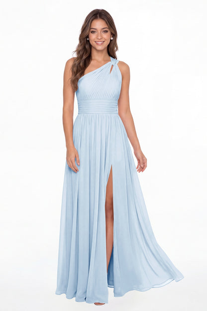 Baby Blue One Shoulder Pleated Chiffon Slit Maxi Gown - Front View