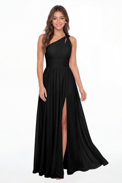Black One Shoulder Pleated Chiffon Slit Maxi Gown - Front View