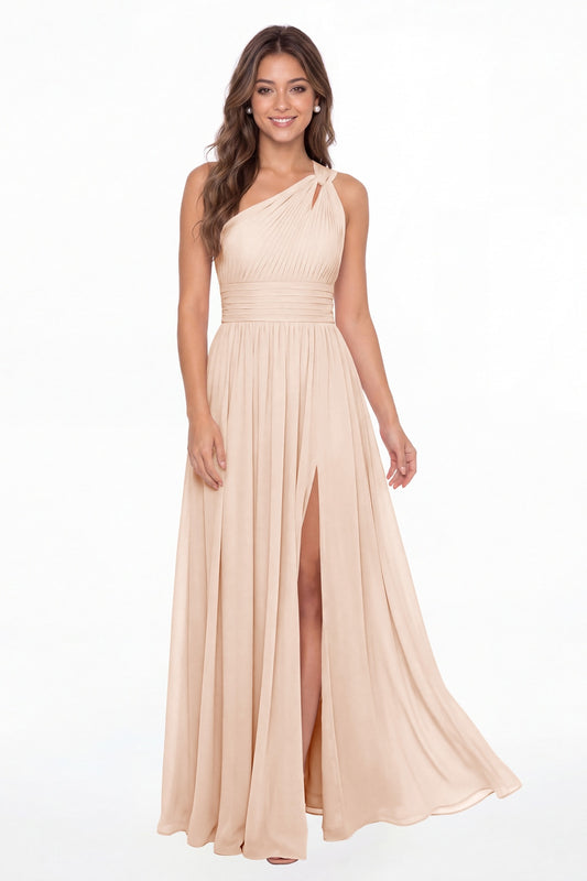 Blush Pink One Shoulder Pleated Chiffon Slit Maxi Gown - Front View