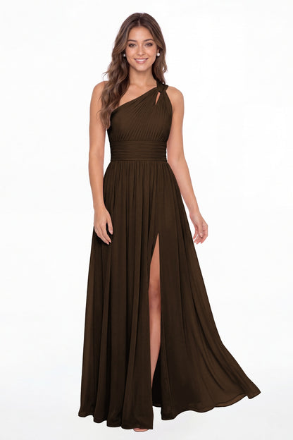 Brown One Shoulder Pleated Chiffon Slit Maxi Gown - Front View