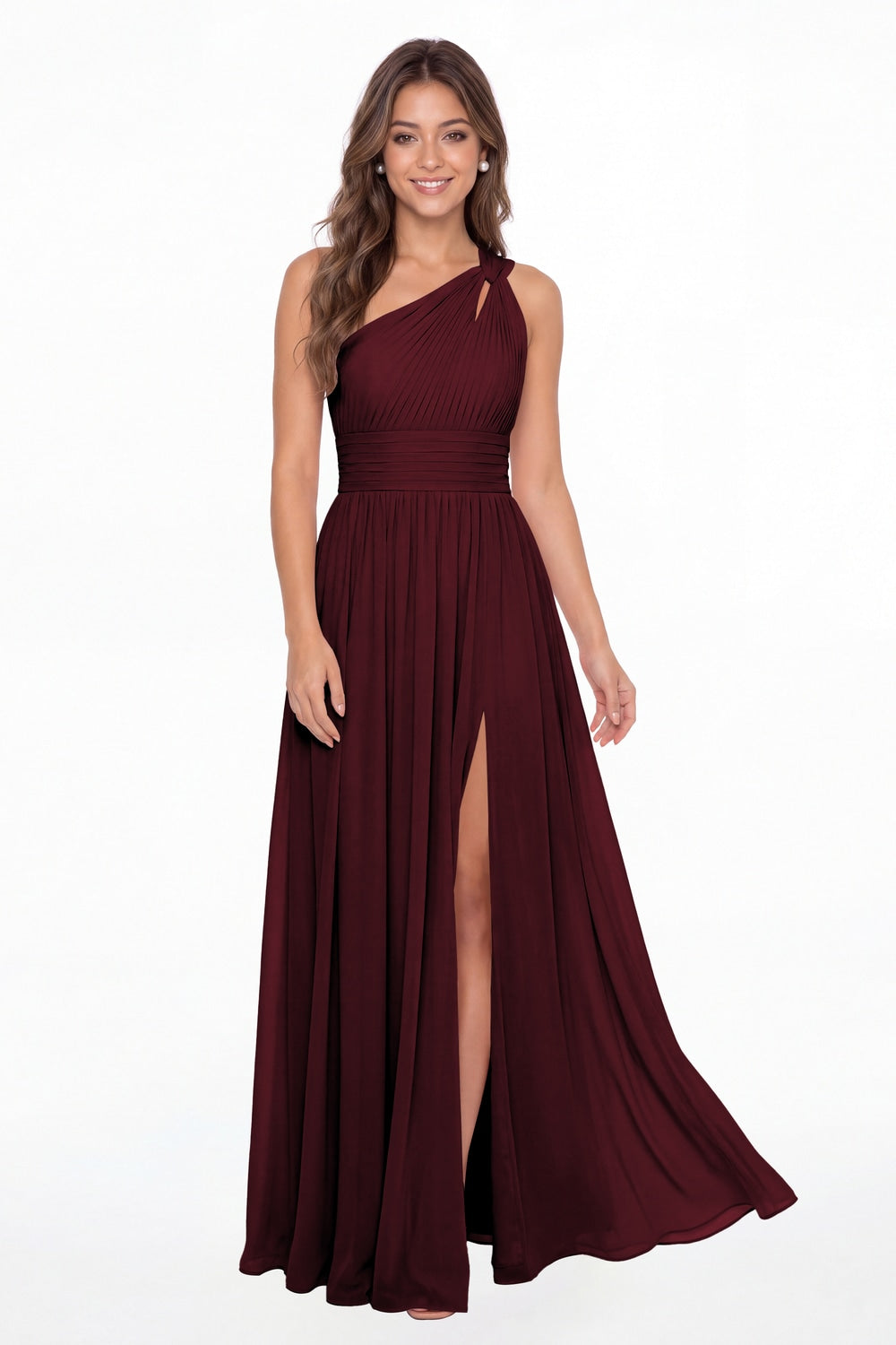 Burgundy One Shoulder Pleated Chiffon Slit Maxi Gown - Front View
