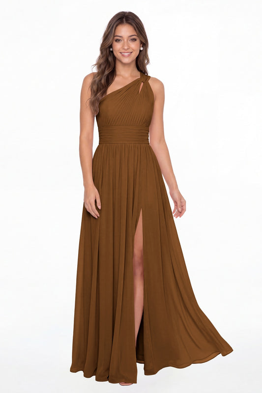 Burnt Orange One Shoulder Pleated Chiffon Slit Maxi Gown - Front View