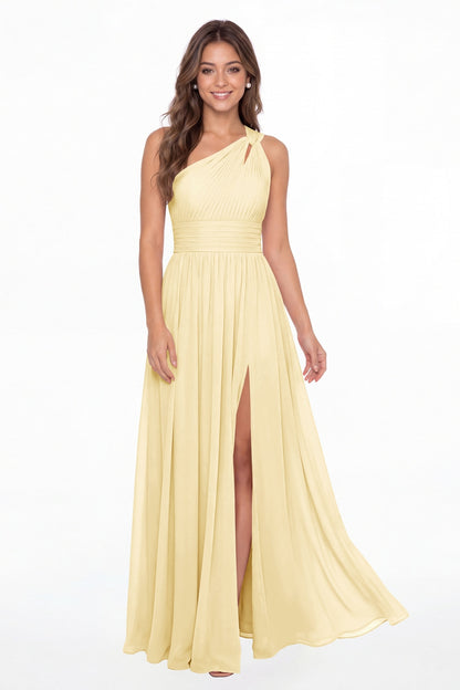Butter Yellow One Shoulder Pleated Chiffon Slit Maxi Gown - Front View