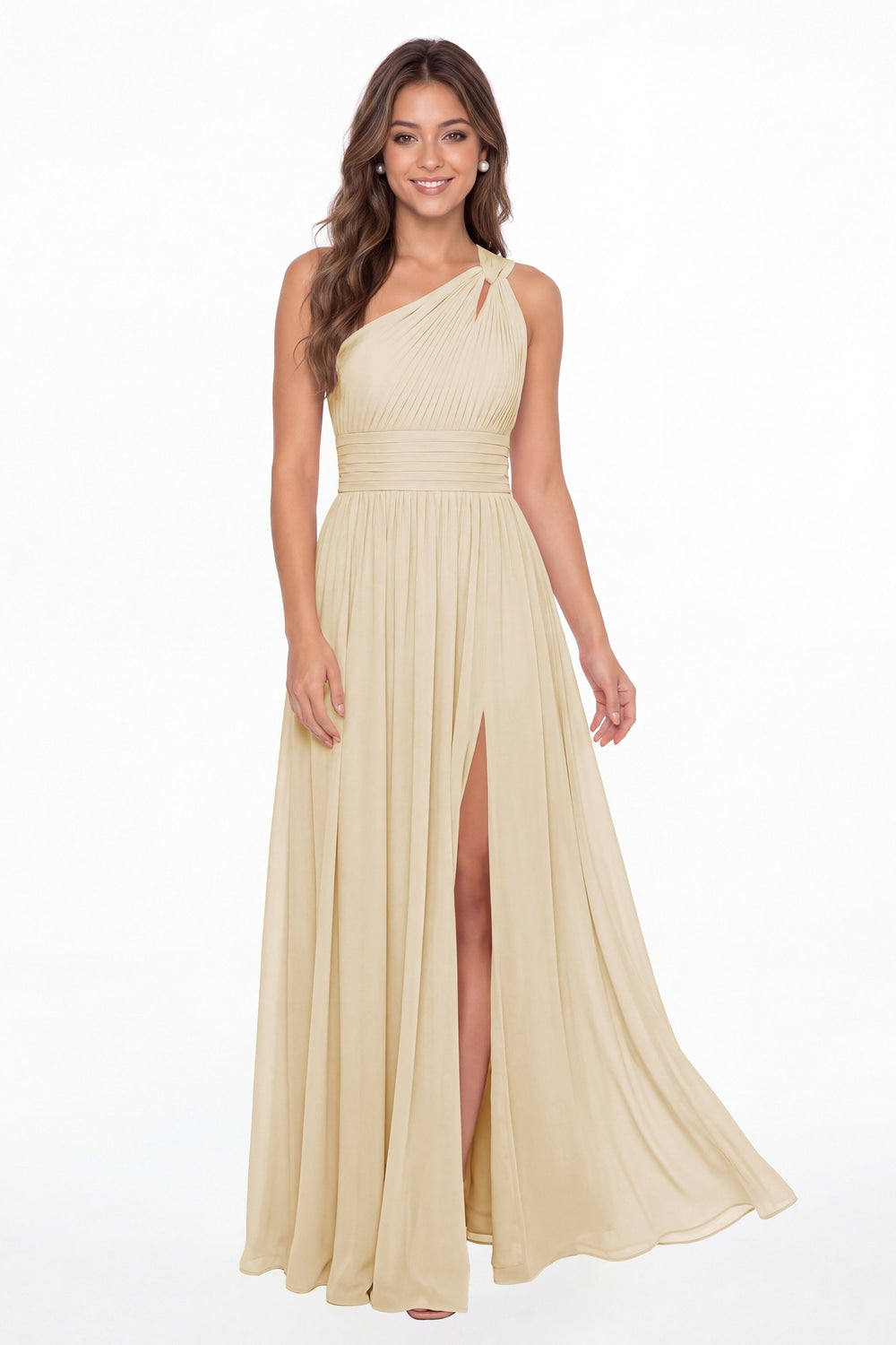 Champagne One Shoulder Pleated Chiffon Slit Maxi Gown - Front View