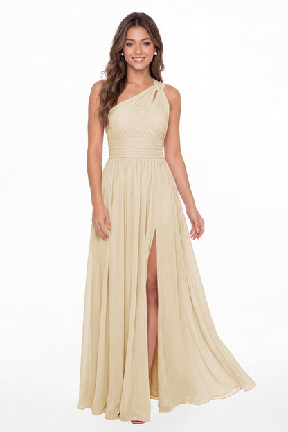 Champagne One Shoulder Pleated Chiffon Slit Maxi Gown - Front View
