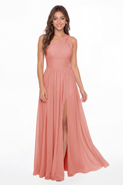 Coral One Shoulder Pleated Chiffon Slit Maxi Gown - Front View