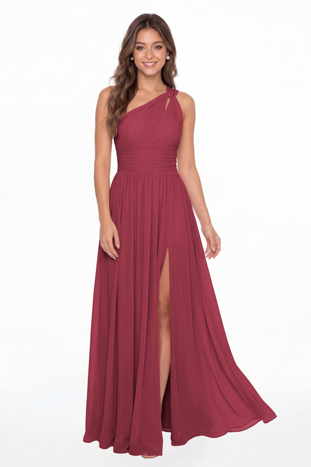 Desert Rose One Shoulder Pleated Chiffon Slit Maxi Gown - Front View