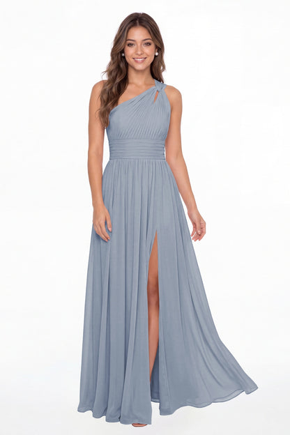 Dusty Blue One Shoulder Pleated Chiffon Slit Maxi Gown - Front View
