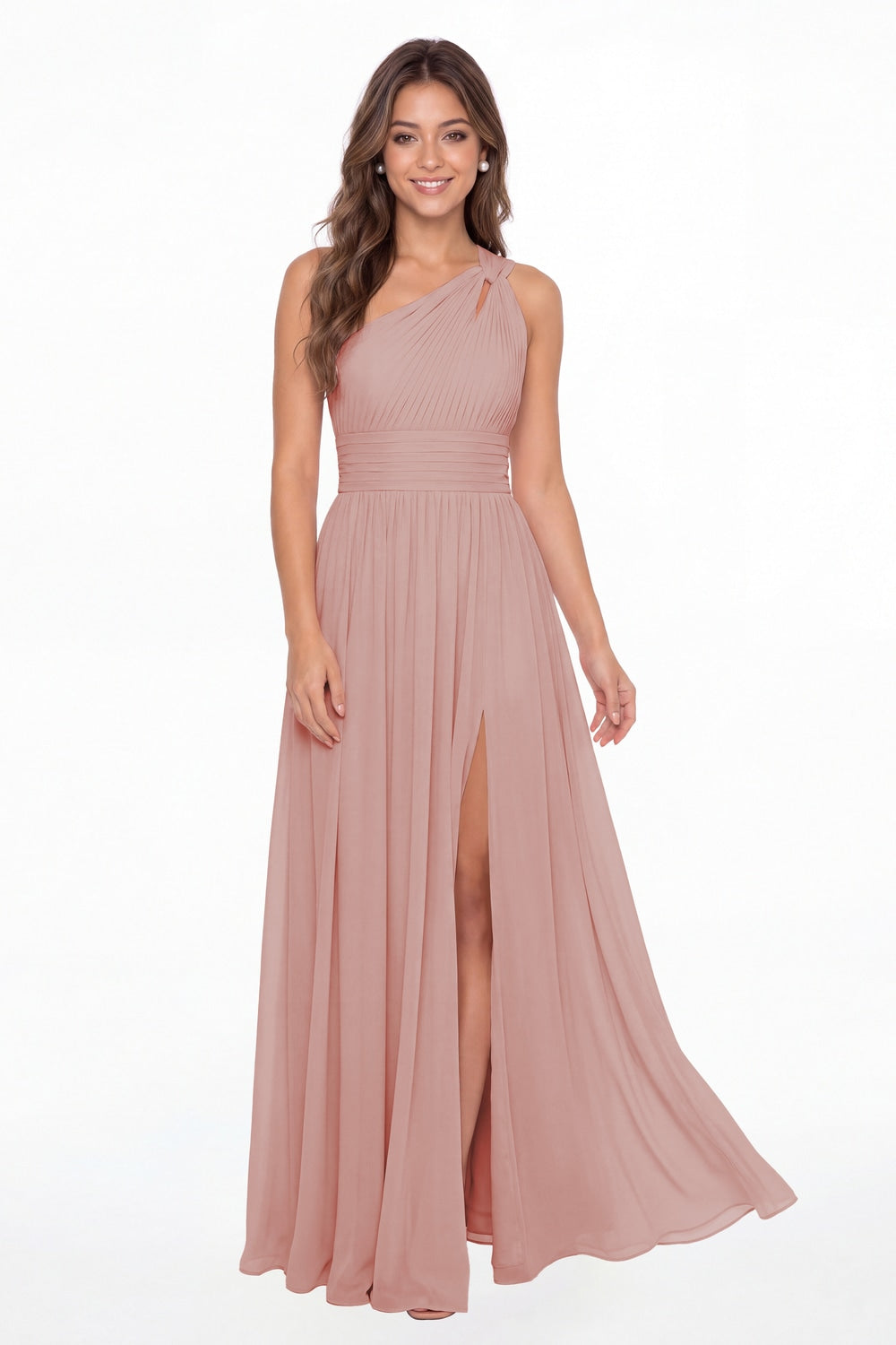 Dusty Rose One Shoulder Pleated Chiffon Slit Maxi Gown - Front View