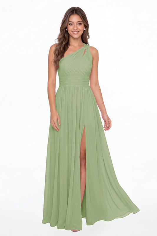 Dusty Sage One Shoulder Pleated Chiffon Slit Maxi Gown - Front View