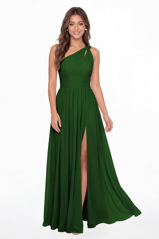 Emerald Green One Shoulder Pleated Chiffon Slit Maxi Gown - Front View