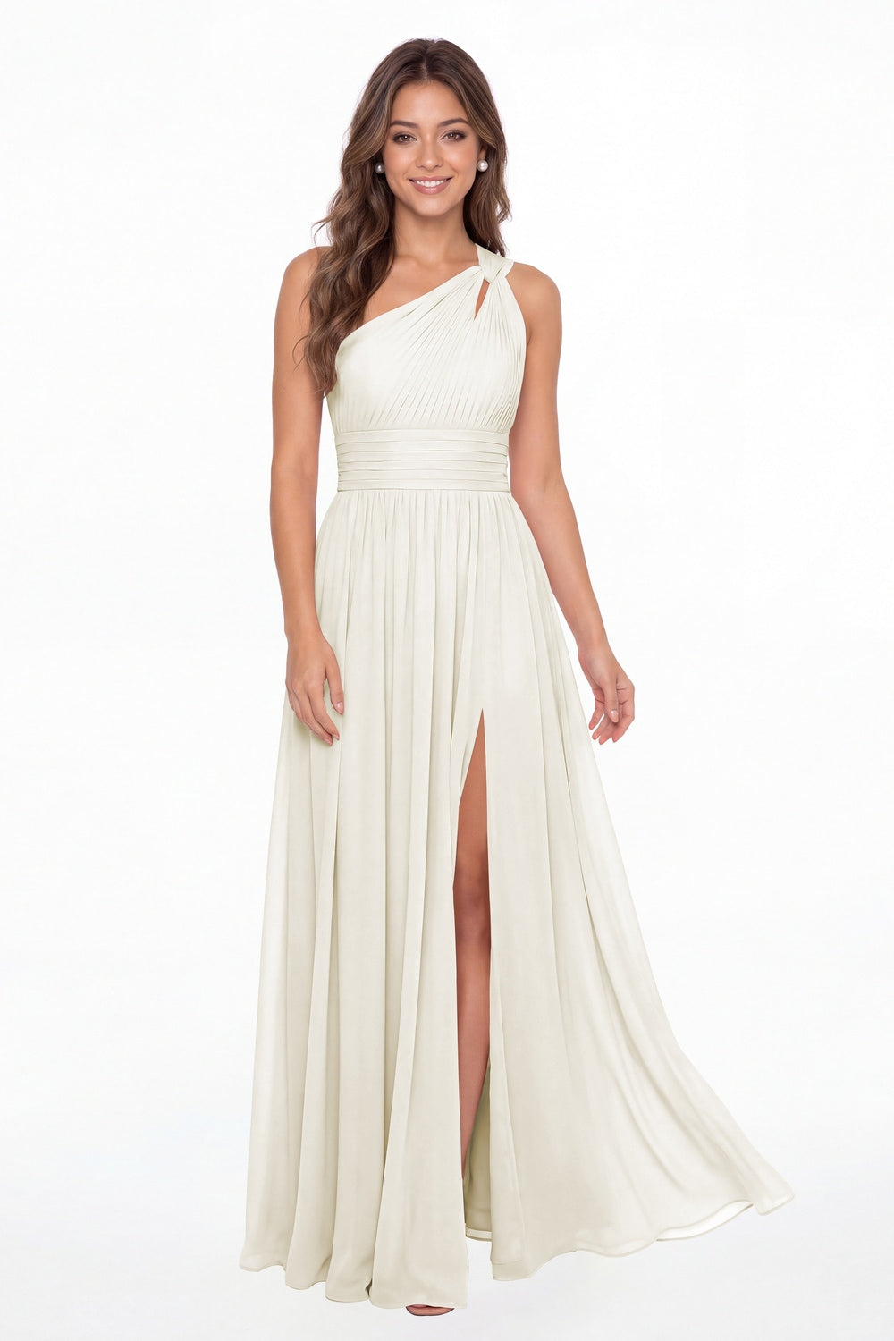 Ivory One Shoulder Pleated Chiffon Slit Maxi Gown - Front View