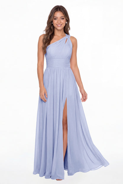 Lavender One Shoulder Pleated Chiffon Slit Maxi Gown - Front View