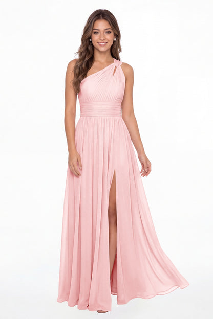 Light Pink One Shoulder Pleated Chiffon Slit Maxi Gown - Front View