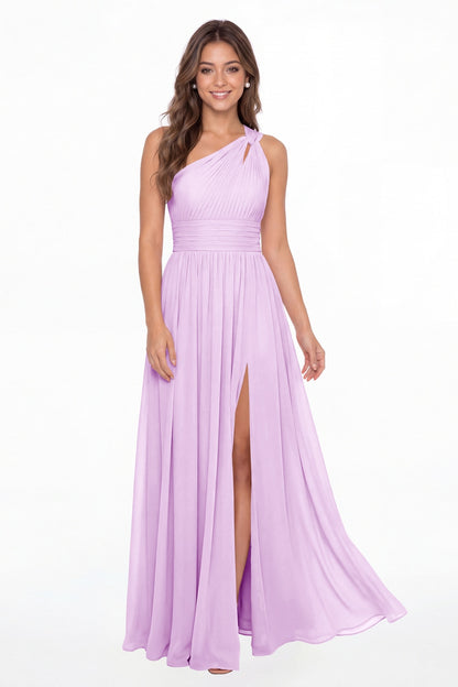 Lilac One Shoulder Pleated Chiffon Slit Maxi Gown - Front View