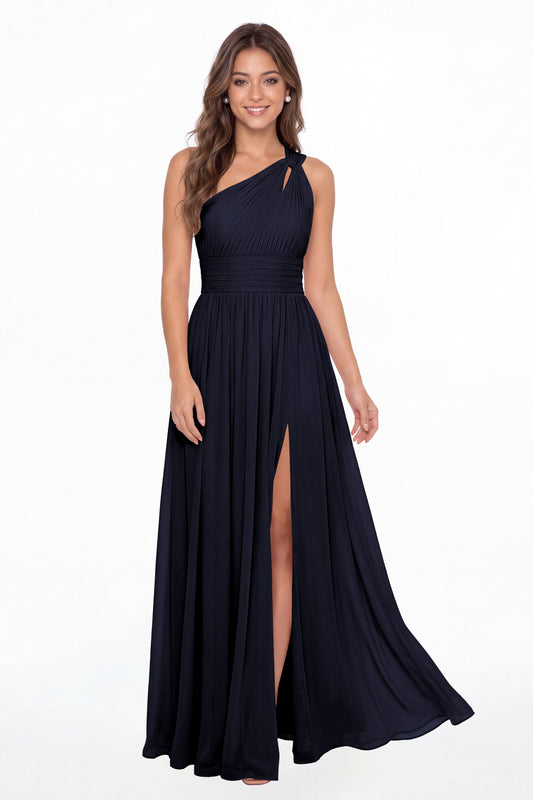 Navy Blue One Shoulder Pleated Chiffon Slit Maxi Gown - Front View