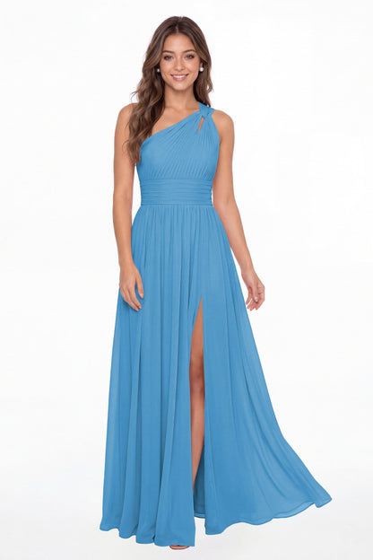 Ocean Blue One Shoulder Pleated Chiffon Slit Maxi Gown - Front View