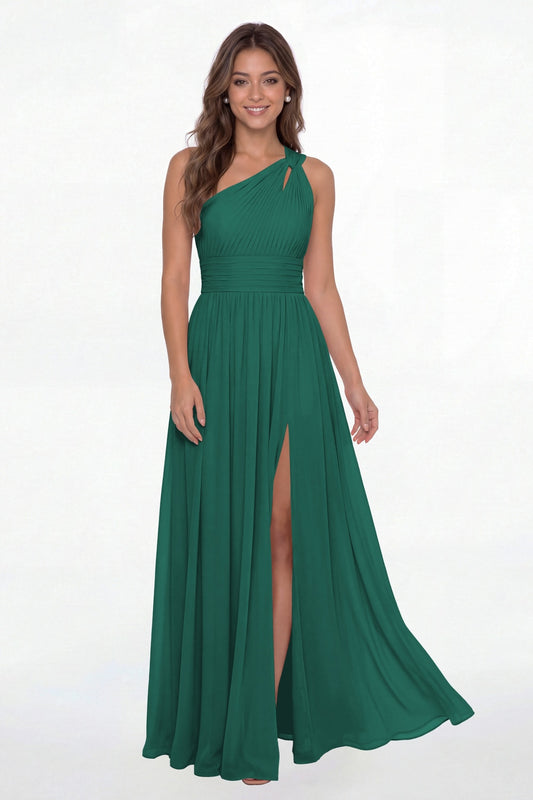 Peacock One Shoulder Pleated Chiffon Slit Maxi Gown - Front View