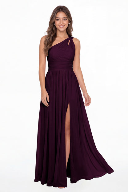 Plum One Shoulder Pleated Chiffon Slit Maxi Gown - Front View