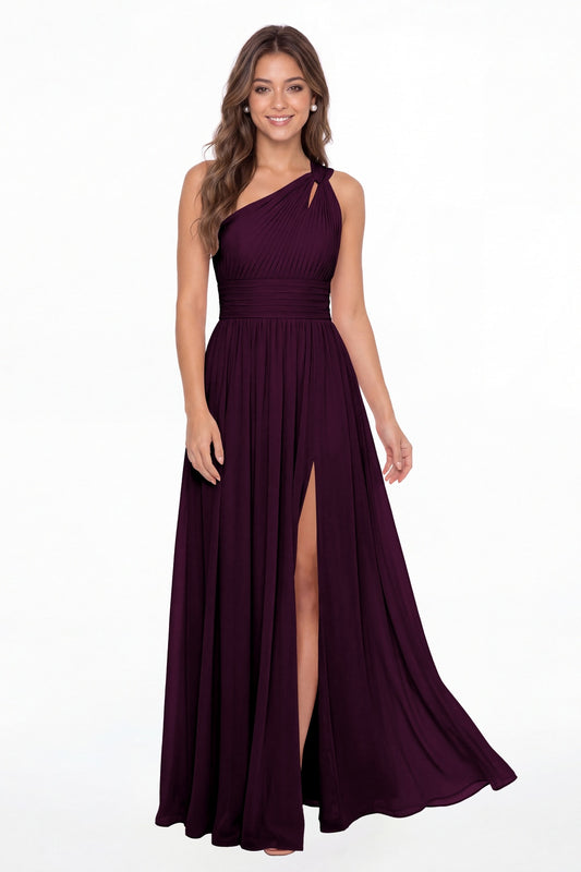 Plum One Shoulder Pleated Chiffon Slit Maxi Gown - Front View