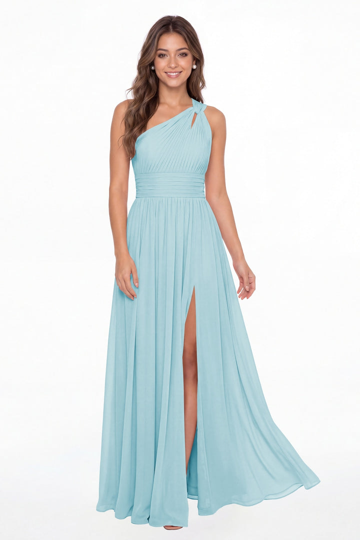 Powder Blue One Shoulder Pleated Chiffon Slit Maxi Gown - Front View