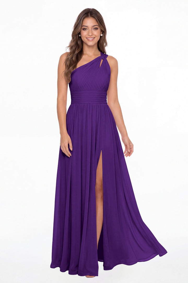 Purple One Shoulder Pleated Chiffon Slit Maxi Gown - Front View