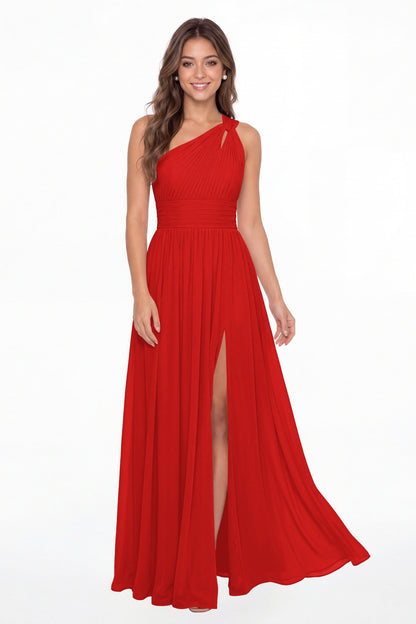 Red One Shoulder Pleated Chiffon Slit Maxi Gown - Front View