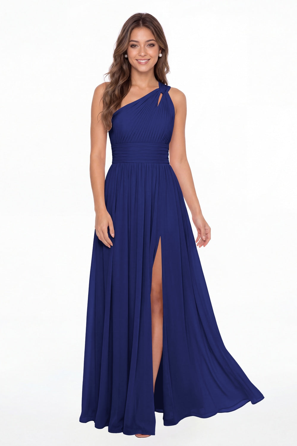Royal Blue One Shoulder Pleated Chiffon Slit Maxi Gown - Front View