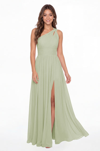 Sage Green One Shoulder Pleated Chiffon Slit Maxi Gown - Front View